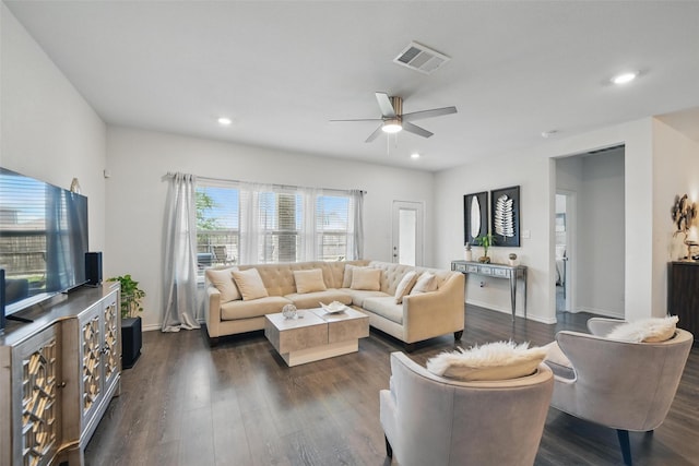 6213 Bracken Dr, Celina, TX 76227 - living room with recessed lighting, ceiling fan, dark wood-style flooring, and baseboards