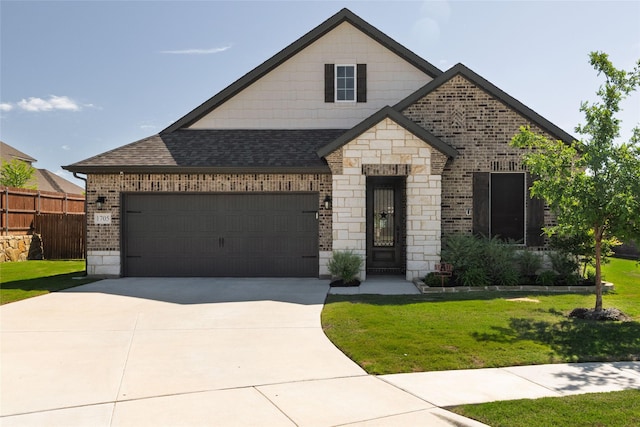 1705 Surrey Ct, Weatherford, TX 76087 - french provincial home with brick siding, a shingled roof, driveway, stone siding, and a garage