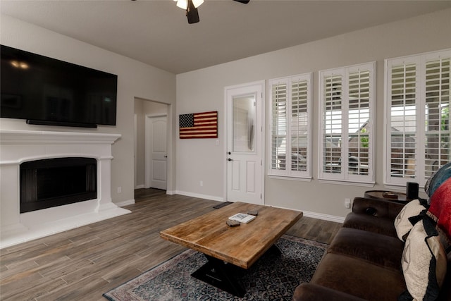 1705 Surrey Ct, Weatherford, TX 76087 - living area with ceiling fan, wood finished floors, baseboards, and a fireplace with raised hearth