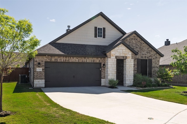 1705 Surrey Ct, Weatherford, TX 76087 - french country inspired facade with brick siding, a shingled roof, driveway, a garage, and central air condition unit