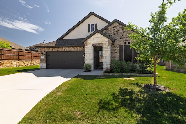 1705 Surrey Ct, Weatherford, TX 76087 - french country inspired facade featuring concrete driveway, a garage, stone siding, brick siding, and a shingled roof