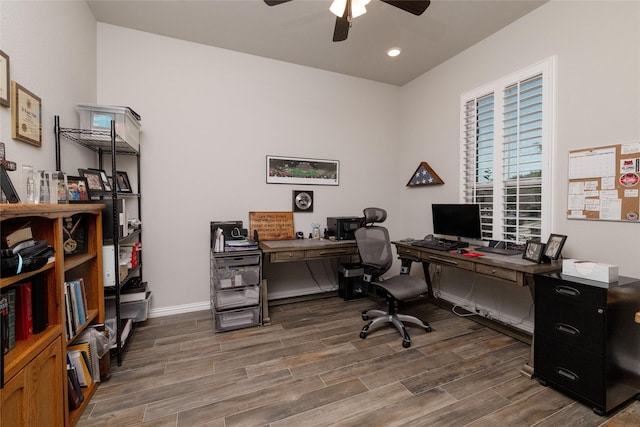 1705 Surrey Ct, Weatherford, TX 76087 - home office with ceiling fan, wood finished floors, baseboards, and recessed lighting