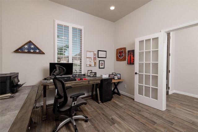 1705 Surrey Ct, Weatherford, TX 76087 - office space featuring wood finished floors, baseboards, a wood stove, and recessed lighting