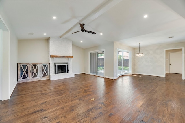 7324 Heathermore Dr, Dallas, TX 75248 - unfurnished living room featuring a ceiling fan, a brick fireplace, dark wood finished floors, baseboards, and recessed lighting