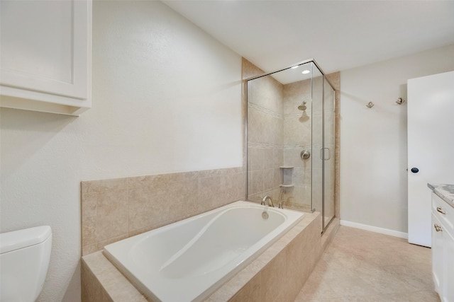 7324 Heathermore Dr, Dallas, TX 75248 - bathroom with a bath, a shower stall, toilet, vanity, and recessed lighting