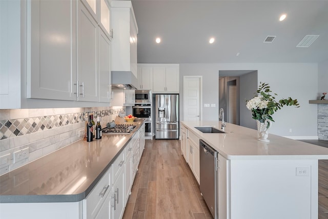 14312 Home Trl, Fort Worth, TX 76262 - kitchen with a sink, appliances with stainless steel finishes, backsplash, white cabinetry, and light wood-style floors