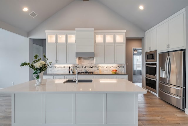 14312 Home Trl, Fort Worth, TX 76262 - kitchen featuring stainless steel appliances, a sink, wall chimney range hood, high vaulted ceiling, and white cabinetry