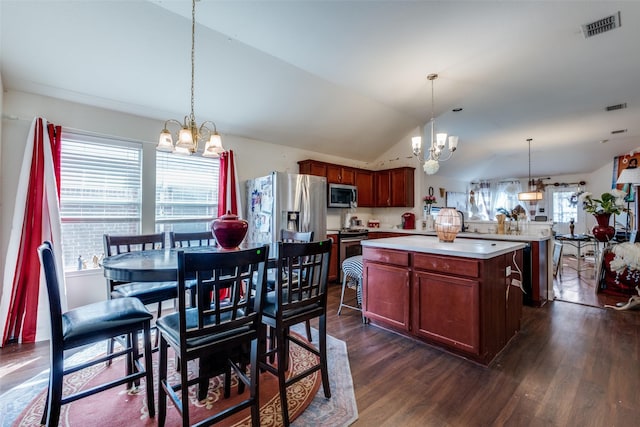 1727 Blacksmith Dr, Dallas, TX 75253 - kitchen featuring a chandelier, appliances with stainless steel finishes, light countertops, dark wood-style floors, and vaulted ceiling