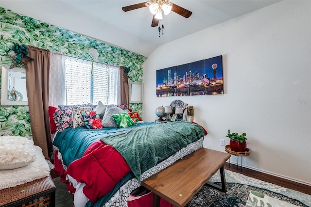 1727 Blacksmith Dr, Dallas, TX 75253 - bedroom featuring wood finished floors, baseboards, vaulted ceiling, and ceiling fan