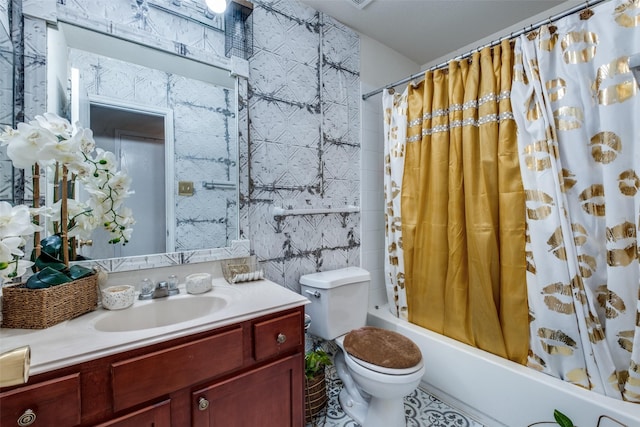 1727 Blacksmith Dr, Dallas, TX 75253 - bathroom featuring toilet, vanity, shower / bath combination with curtain, and tile walls