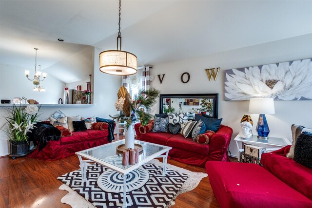 1727 Blacksmith Dr, Dallas, TX 75253 - living area with wood finished floors, a chandelier, and vaulted ceiling