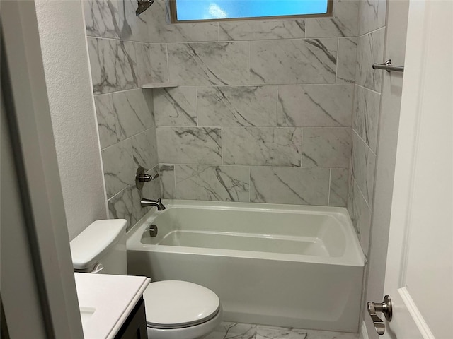 full bath with vanity, toilet, marble look tiles, bathing tub / shower combination, and a textured wall