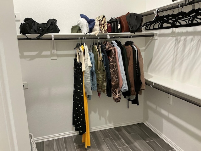 walk in closet with dark wood finished floors