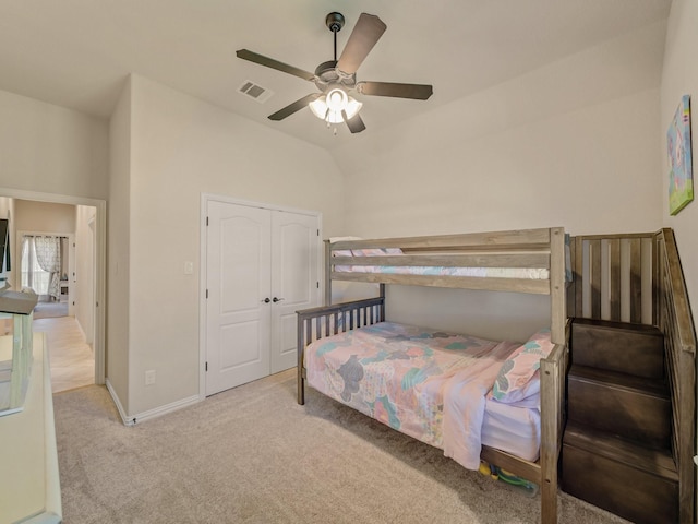 129 Spring Meadow Dr, Springtown, TX 76082 - bedroom featuring carpet flooring, a closet, baseboards, ceiling fan, and lofted ceiling