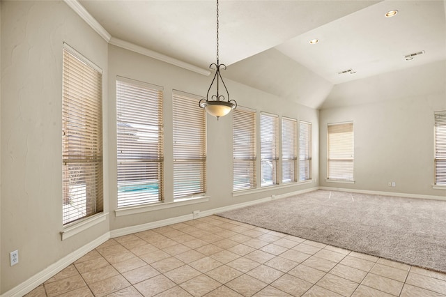 17 Wimbledon Ct, Heath, TX 75032 - unfurnished dining area with healthy amount of natural light, light carpet, light tile patterned floors, baseboards, and vaulted ceiling