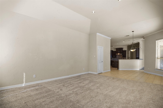 17 Wimbledon Ct, Heath, TX 75032 - unfurnished living room with light carpet, light tile patterned flooring, baseboards, recessed lighting, and crown molding