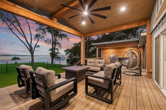 9 Southshore Cir, Star Harbor, TX 75148 - wooden terrace with an outdoor hangout area, a water view, and a ceiling fan
