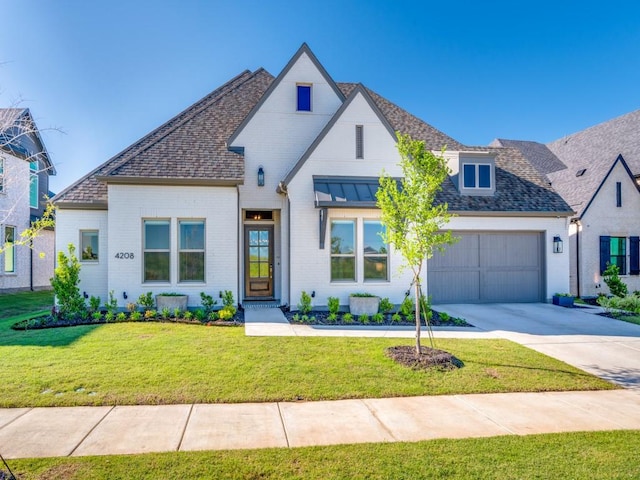 4208 Sunrise Ln, Celina, TX 75078 - view of front of property featuring driveway, a garage, brick siding, a front yard, and a shingled roof