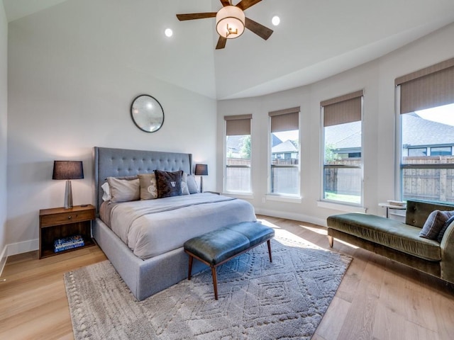 4208 Sunrise Ln, Celina, TX 75078 - bedroom featuring light wood finished floors, baseboards, vaulted ceiling, recessed lighting, and ceiling fan