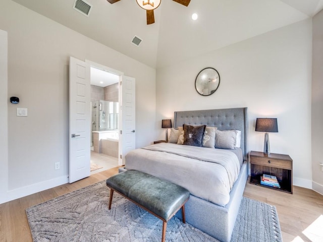 4208 Sunrise Ln, Celina, TX 75078 - bedroom featuring wood finished floors, baseboards, ensuite bath, high vaulted ceiling, and a ceiling fan