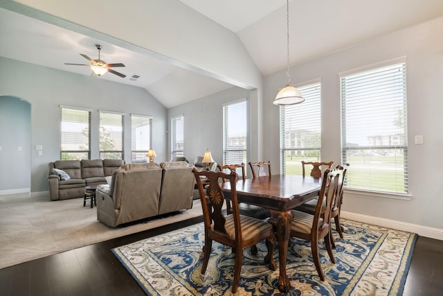 804 Countryside Way, Little Elm, TX 76227 - dining space with vaulted ceiling, baseboards, healthy amount of natural light, a ceiling fan, and arched walkways