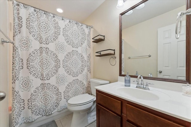 2652 Waterway Dr, Grand Prairie, TX 75054 - full bathroom featuring toilet, tile patterned floors, vanity, and shower / bathtub combination with curtain