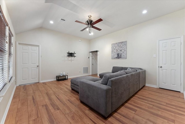 2652 Waterway Dr, Grand Prairie, TX 75054 - living area with a ceiling fan, light wood-style flooring, recessed lighting, baseboards, and vaulted ceiling