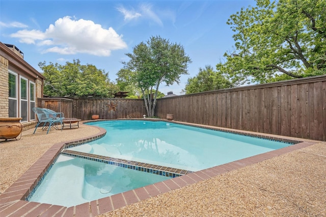 view of swimming pool featuring a fenced backyard and a patio