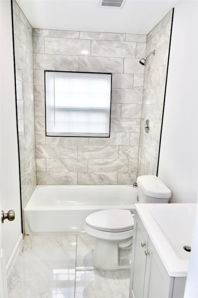bathroom with toilet, shower / bath combination, marble finish flooring, and vanity