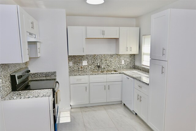 kitchen featuring stainless steel range with electric cooktop, a sink, dishwasher, under cabinet range hood, and white cabinets
