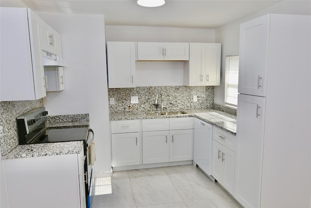 kitchen featuring stainless steel range with electric cooktop, a sink, dishwasher, under cabinet range hood, and white cabinets