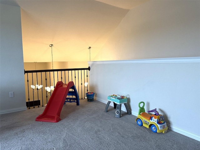3340 Sorghum Way, Mckinney, TX 75071 - rec room featuring vaulted ceiling, carpet floors, and baseboards