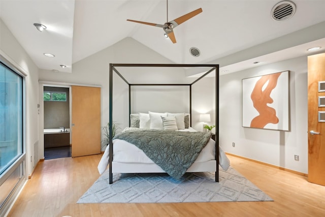 957 Easton Pl, Dallas, TX 75218 - bedroom with wood finished floors, vaulted ceiling, a ceiling fan, recessed lighting, and baseboards