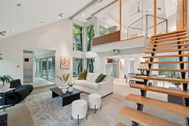 957 Easton Pl, Dallas, TX 75218 - living room with high vaulted ceiling and beamed ceiling