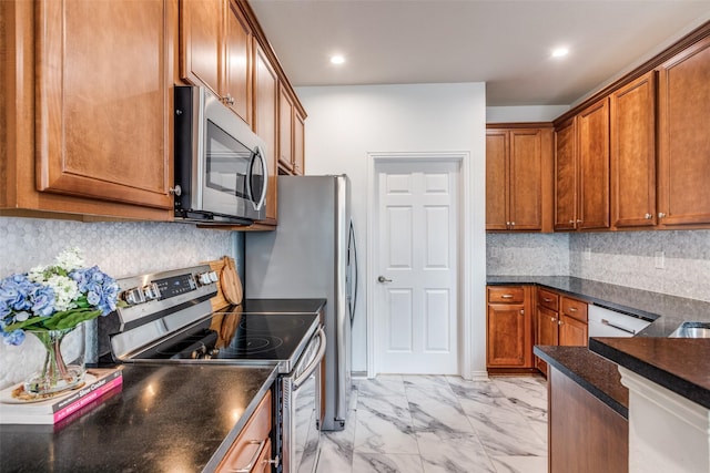 kitchen featuring stainless steel appliances, light marble finish flooring, brown cabinets, backsplash, and recessed lighting