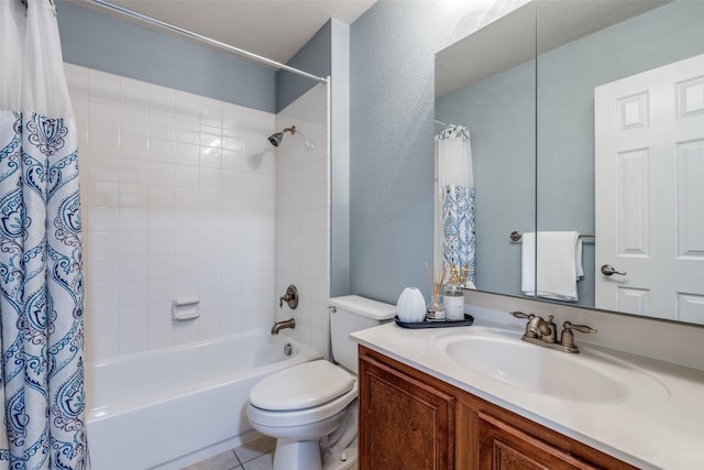 full bath featuring toilet, shower / bath combination with curtain, and vanity