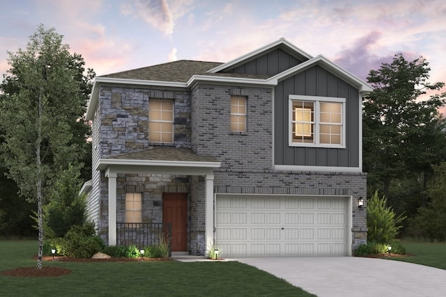 427 Pendant Dr, Royse City, TX 75189 - view of front of home featuring board and batten siding, brick siding, a garage, and driveway