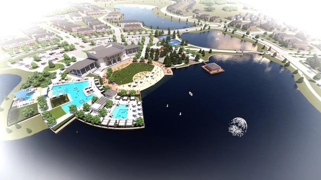 bird's eye view of a large body of water and a pool