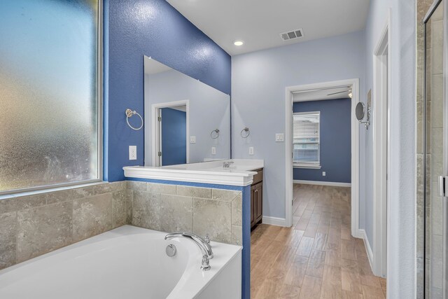 516 Smart Strike Trl, Granbury, TX 76049 - full bath featuring plenty of natural light, a garden tub, vanity, and wood finished floors