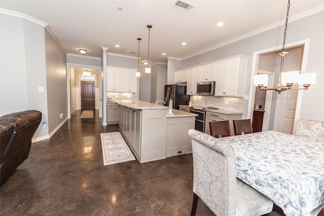 517 N 2nd St, Midlothian, TX 76065 - kitchen with appliances with stainless steel finishes, tasteful backsplash, concrete flooring, ornamental molding, and white cabinets