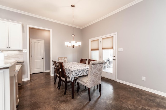 517 N 2nd St, Midlothian, TX 76065 - dining space featuring concrete flooring, a chandelier, crown molding, and baseboards