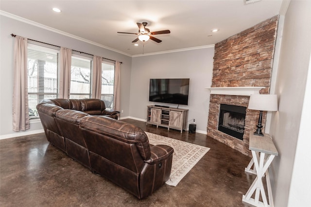 517 N 2nd St, Midlothian, TX 76065 - living room with finished concrete floors, a ceiling fan, baseboards, a stone fireplace, and recessed lighting