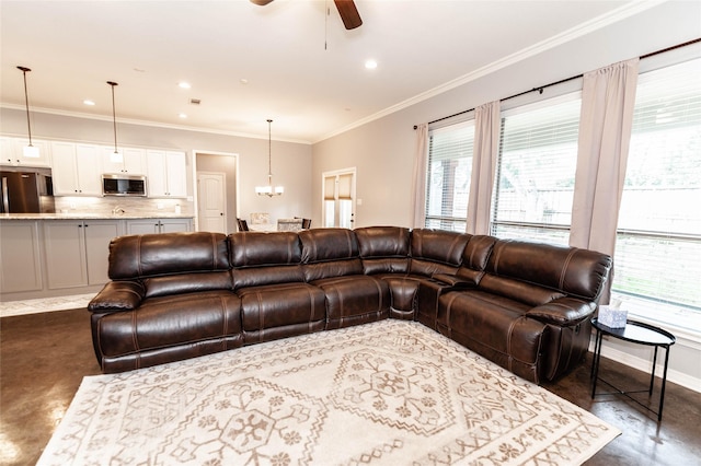 517 N 2nd St, Midlothian, TX 76065 - living room with healthy amount of natural light, ceiling fan, crown molding, a chandelier, and recessed lighting