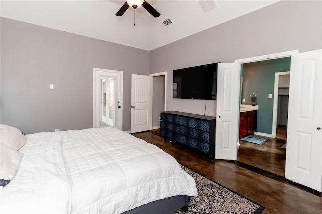 517 N 2nd St, Midlothian, TX 76065 - bedroom featuring finished concrete floors, a high ceiling, a ceiling fan, ensuite bath, and baseboards