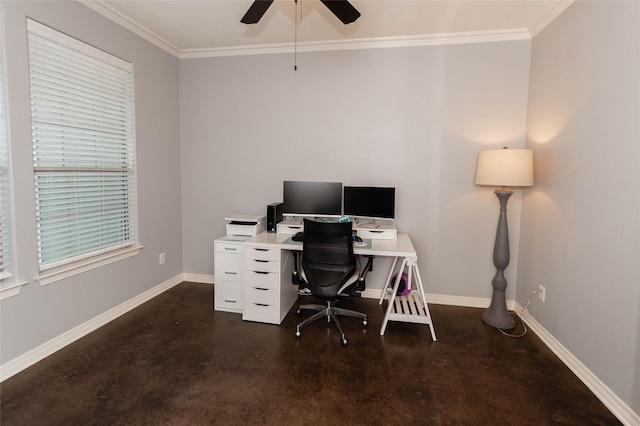 517 N 2nd St, Midlothian, TX 76065 - office space featuring finished concrete floors, crown molding, a ceiling fan, and baseboards