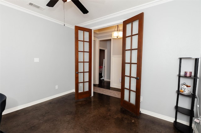 517 N 2nd St, Midlothian, TX 76065 - spare room with french doors, crown molding, ceiling fan, baseboards, and finished concrete floors