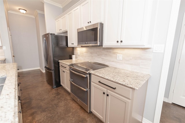 517 N 2nd St, Midlothian, TX 76065 - kitchen with appliances with stainless steel finishes, concrete floors, crown molding, backsplash, and baseboards
