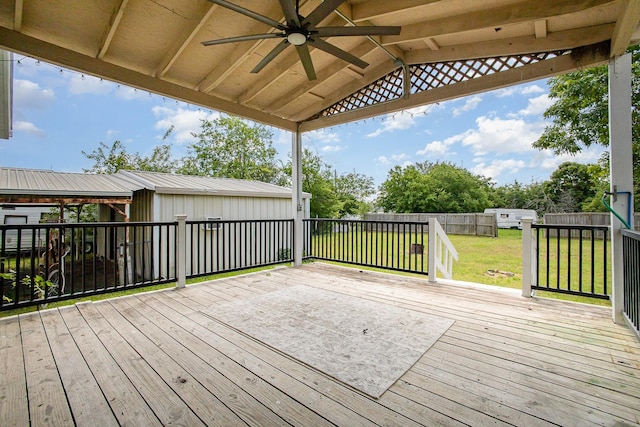 301 Sycamore St, Bardwell, TX 75101 - wooden terrace featuring ceiling fan and a lawn