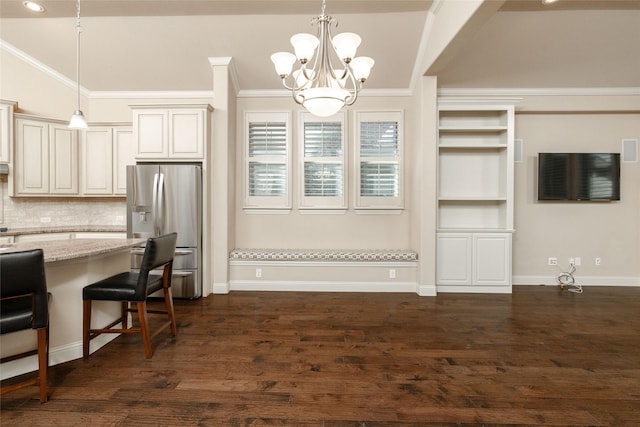 3900 Plum Vista Pl, Arlington, TX 76005 - dining area featuring a chandelier, dark wood-style flooring, baseboards, recessed lighting, and ornamental molding