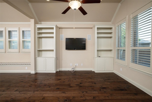 3900 Plum Vista Pl, Arlington, TX 76005 - unfurnished living room featuring ceiling fan, lofted ceiling, built in shelves, dark wood finished floors, and baseboards